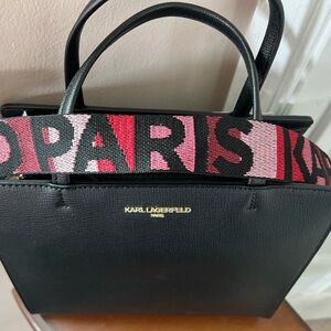 Karl Lagerfeld NWT BLACK MED SIZE BAG WITH GUITAR STRAP HAS GOLD HARDWARE